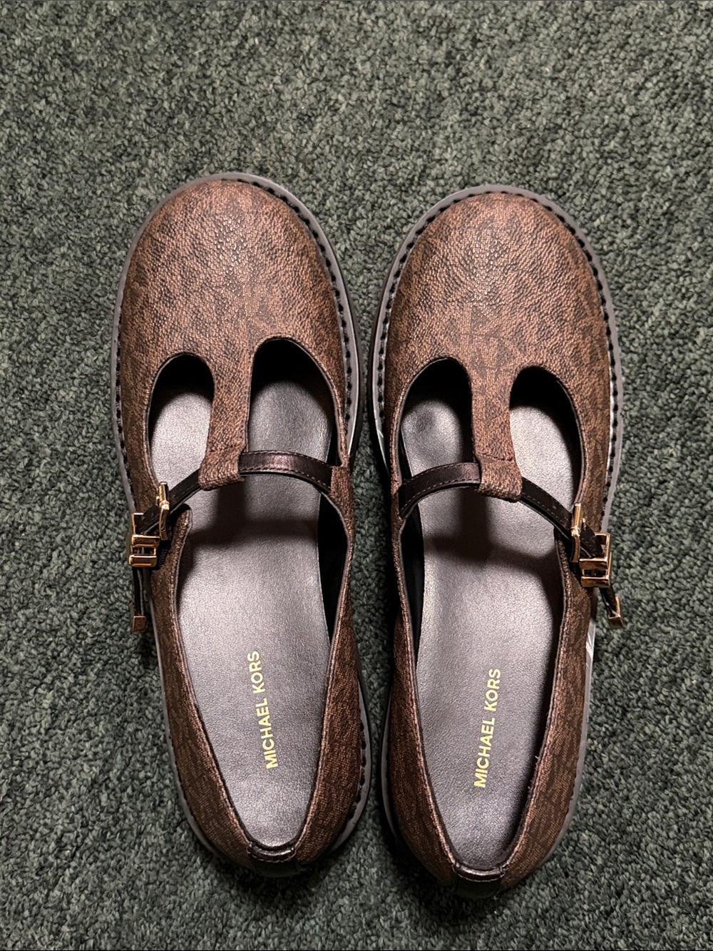Michael Kors Dark Brown Monogram Mary Jane Flats with Gold Buckles